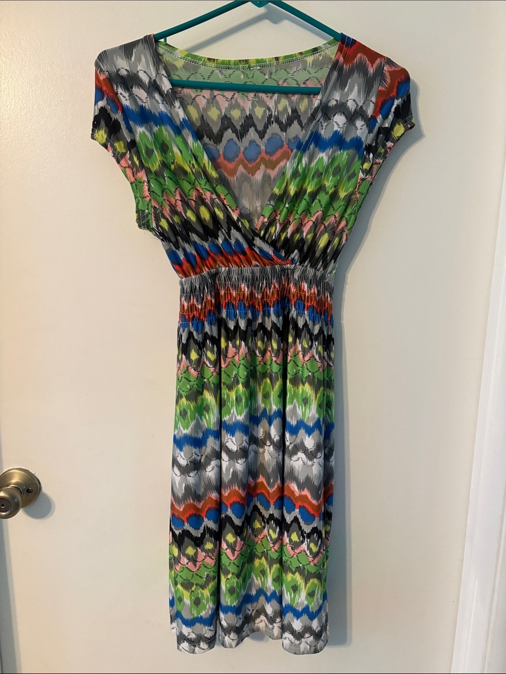 Multi-Color Patterned V-Neck Women’s Dress